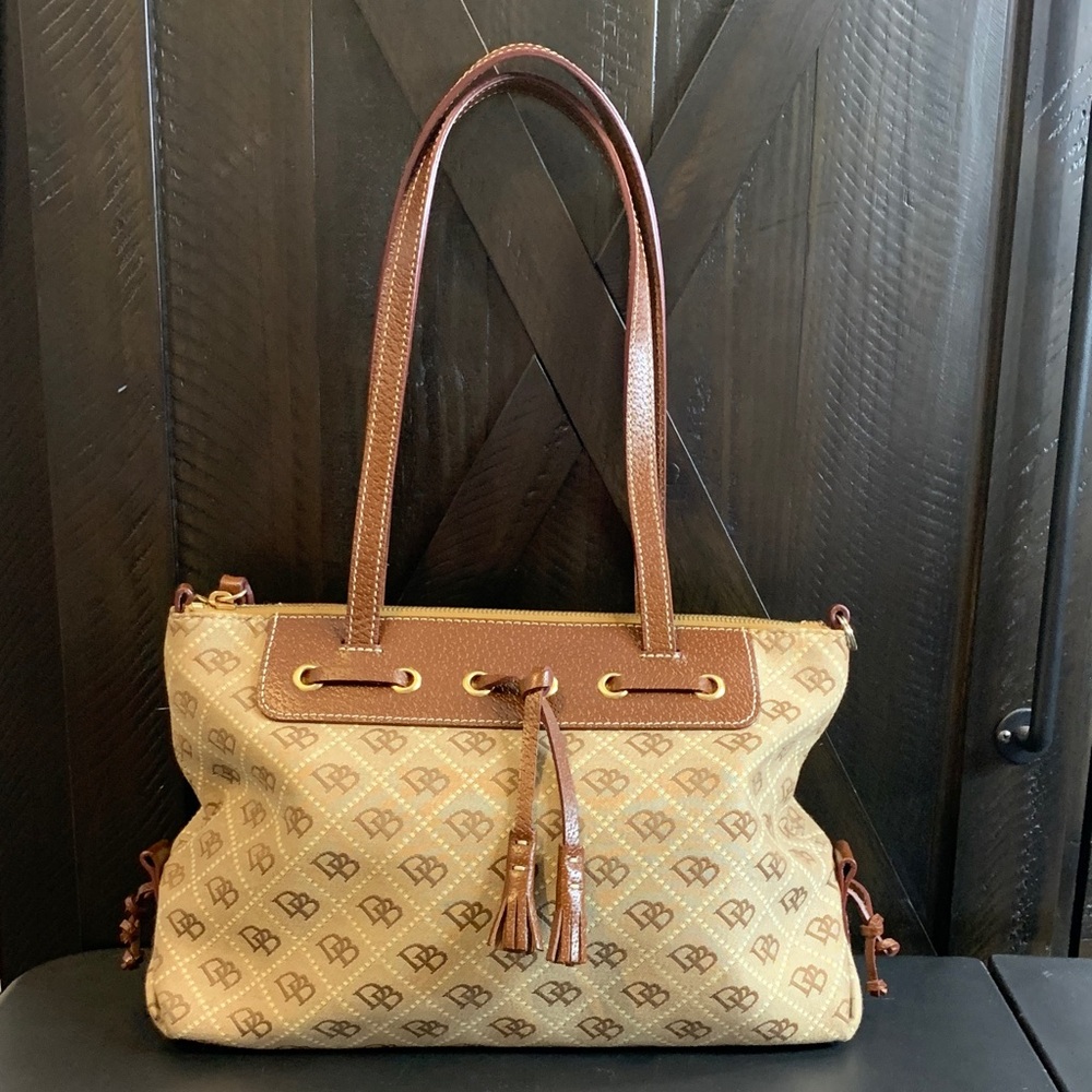 Dooney & Bourke Signature DB Monogram Tassel Tote Brown Leather Vintage Y2K